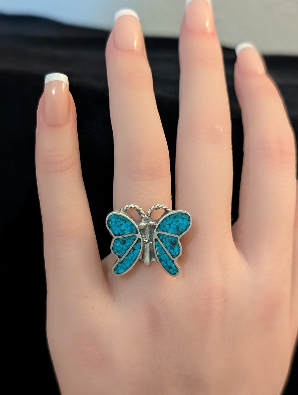Vintage Crushed Turquoise Butterfly Design Sterling Silver 925 Ring Size 6